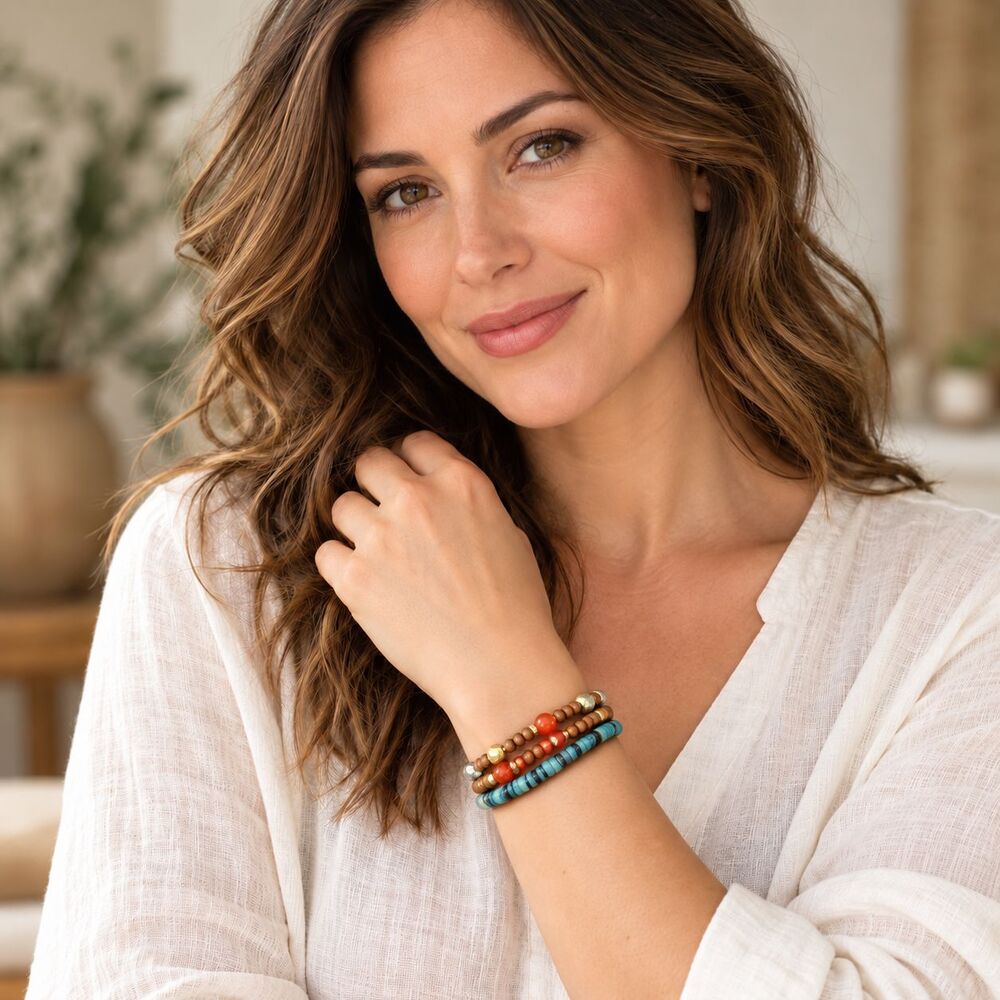J. Jill Boho Beaded Coil Wrap Bracelet Teal Orange Wood Multi Strand Stretch NEW